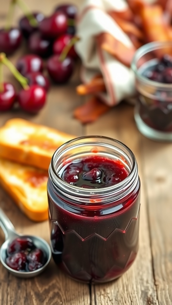 A jar of dark cherry bacon jam with toast and fresh cherries on a wooden table.