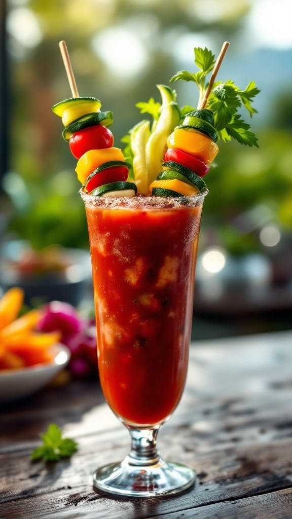 A refreshing Vegetable Garden Bloody Mary cocktail with colorful vegetable skewers.