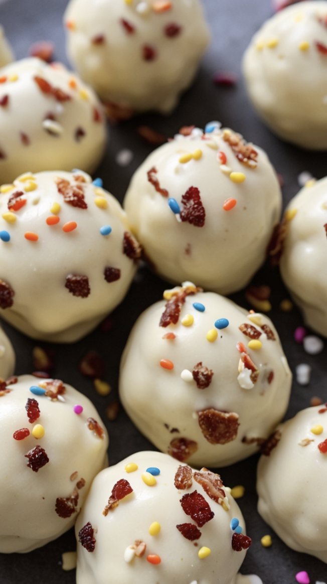 Delicious white chocolate bacon Oreo dessert balls on a plate, some with sprinkles, ready to enjoy.
